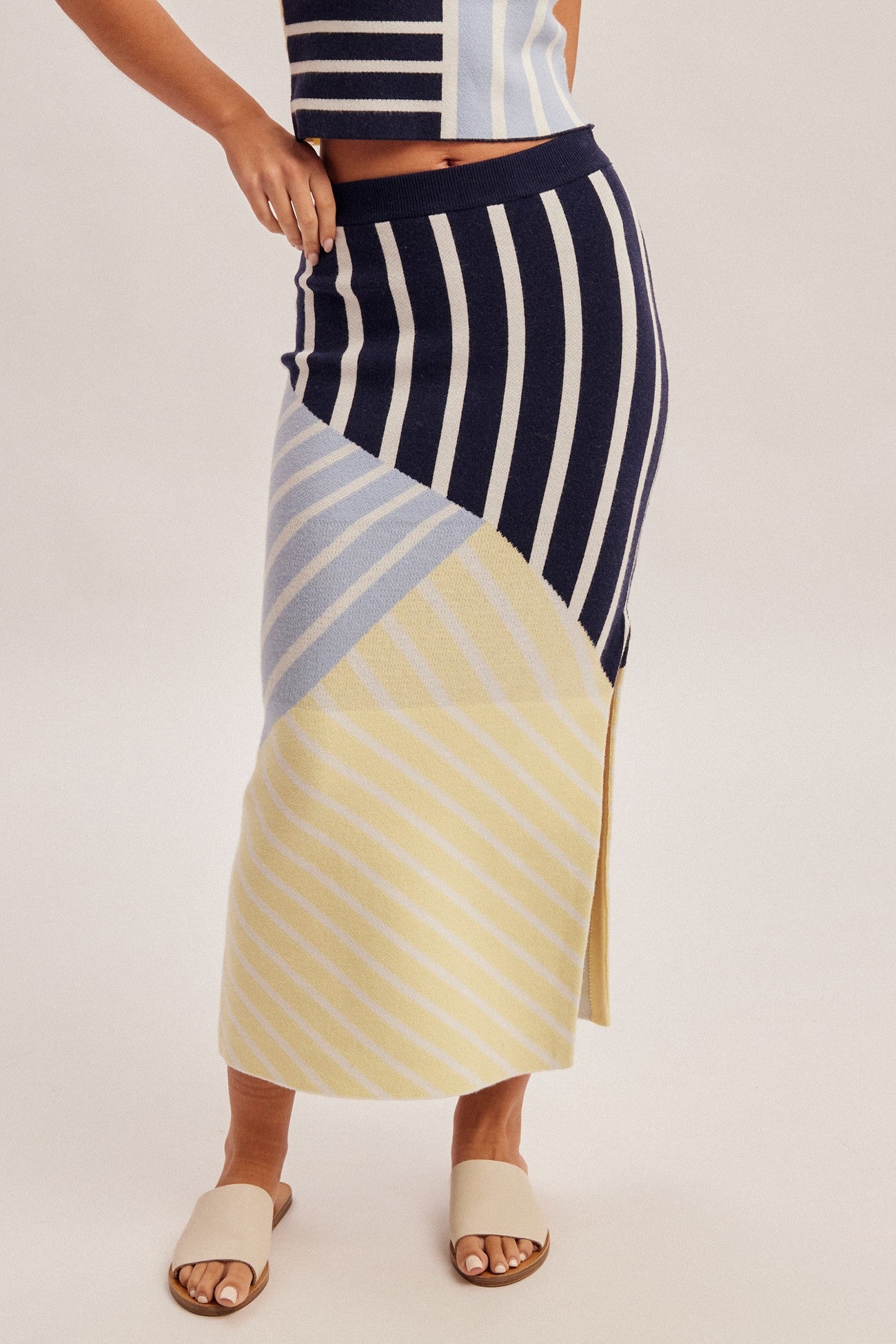 stripe color block knit midi skirt