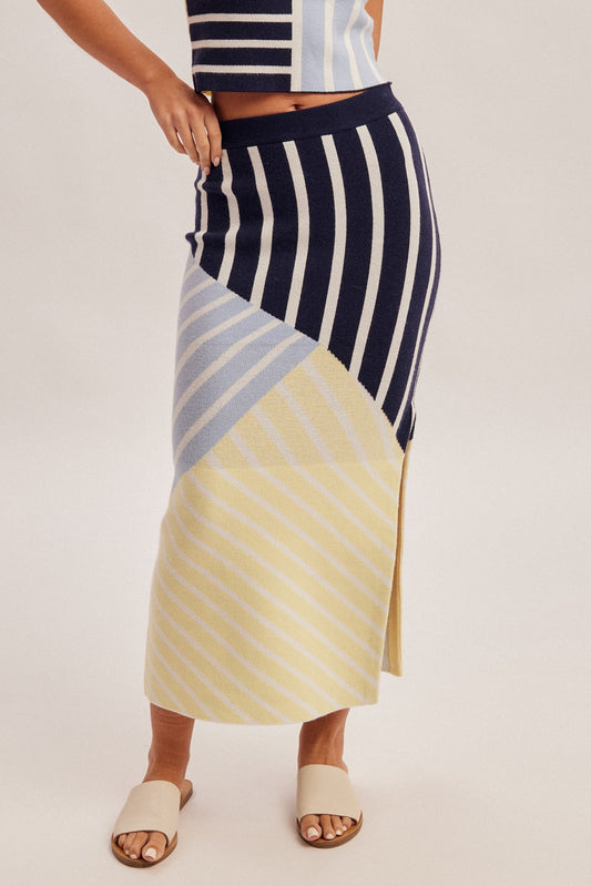 stripe color block knit midi skirt