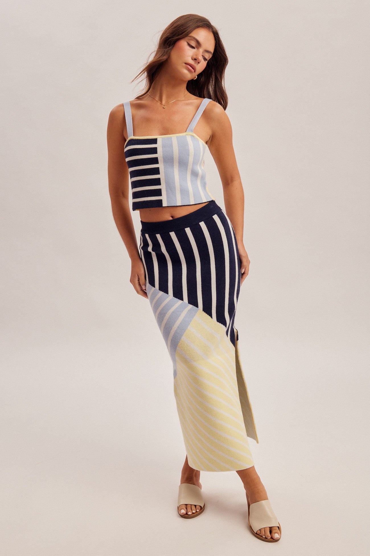 stripe color block knit midi skirt