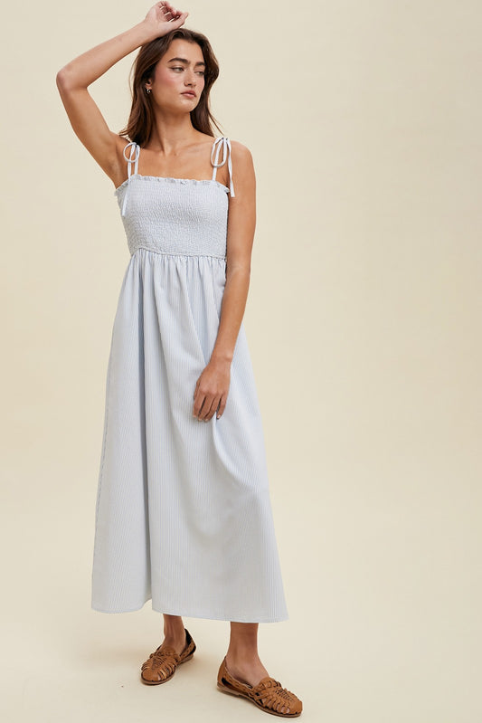 striped tie shoulder strap maxi dress