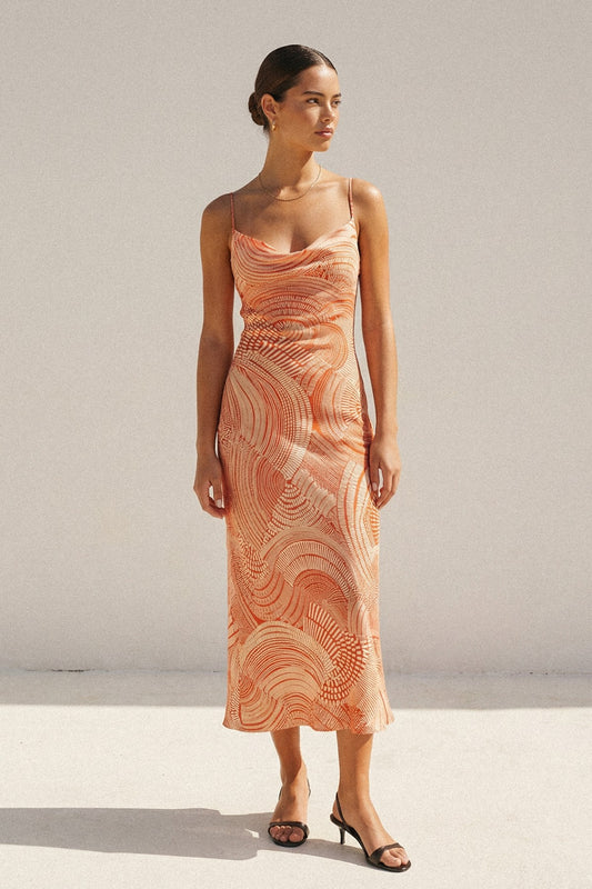 sunset paisley criss cross midi dress