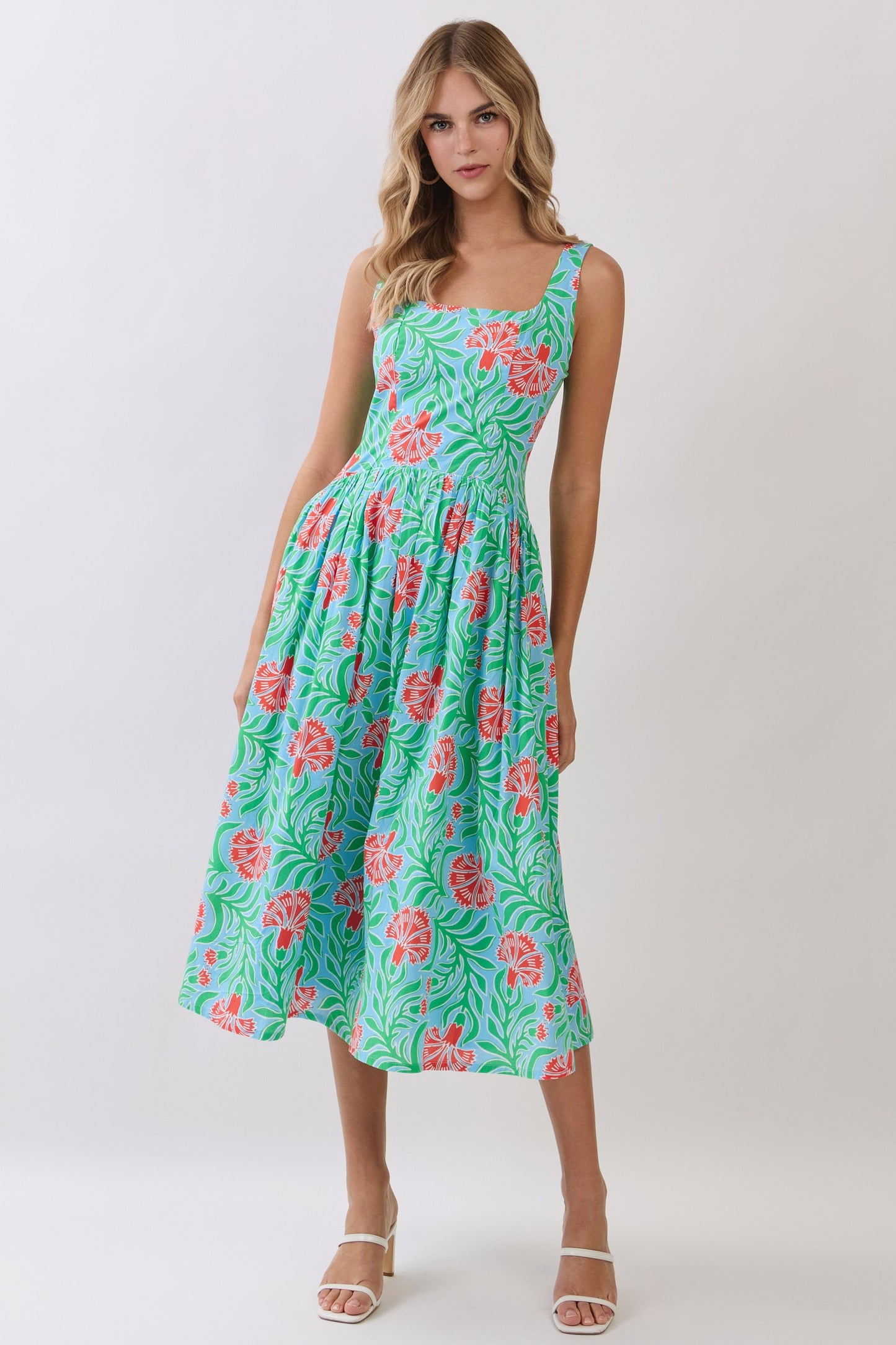 tropical floral smocked back midi dress