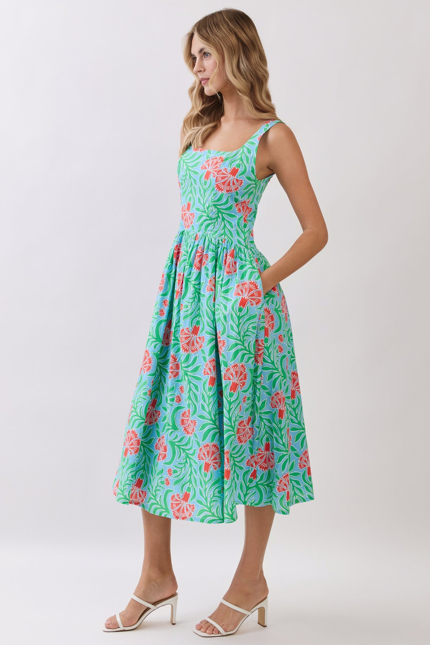 tropical floral smocked back midi dress