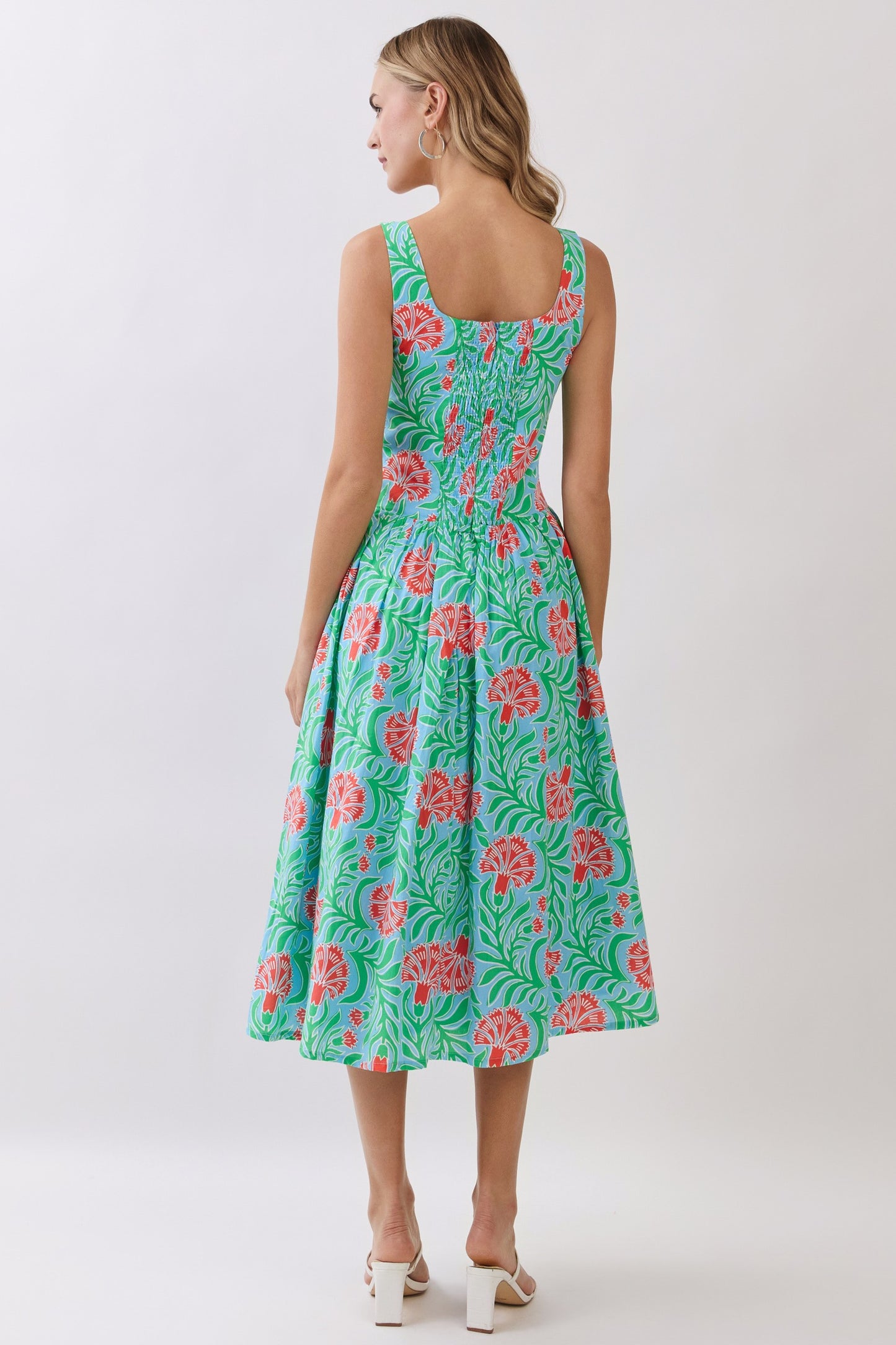 tropical floral smocked back midi dress