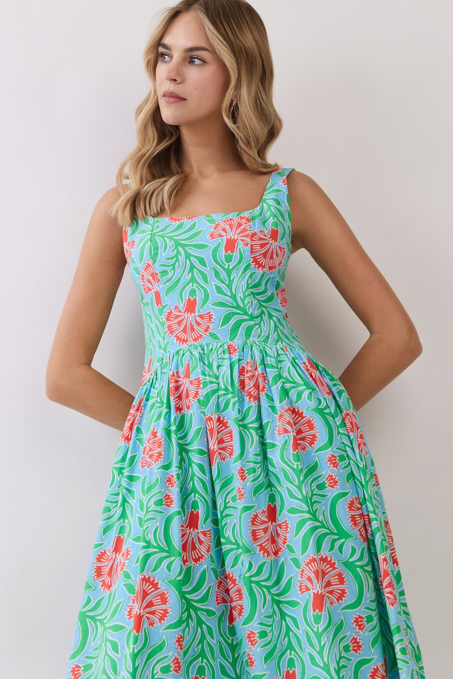 tropical floral smocked back midi dress