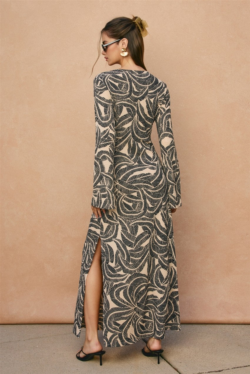 midnight palm bell sleeve maxi dress