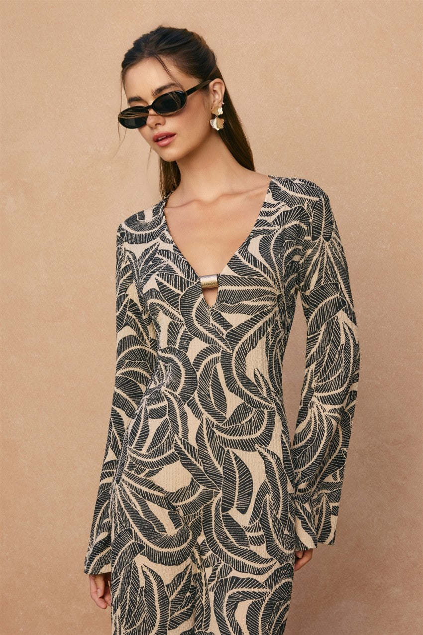 midnight palm bell sleeve maxi dress