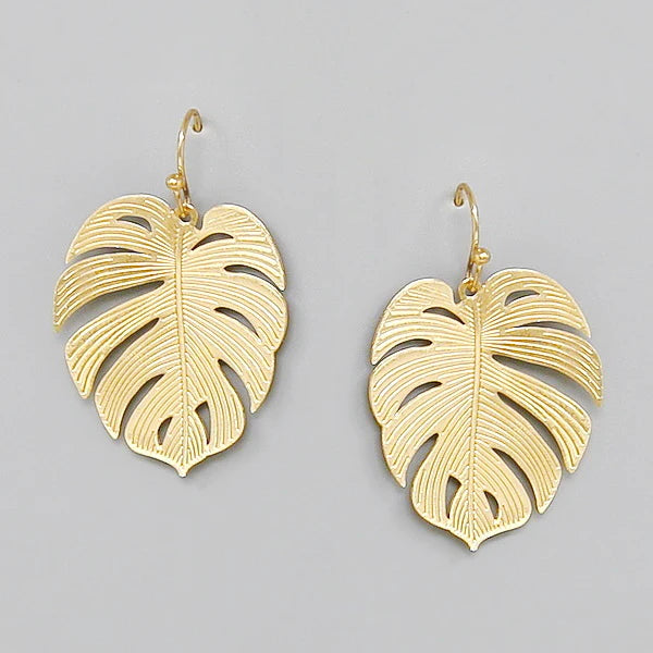 tropical leaf textured metal earrings