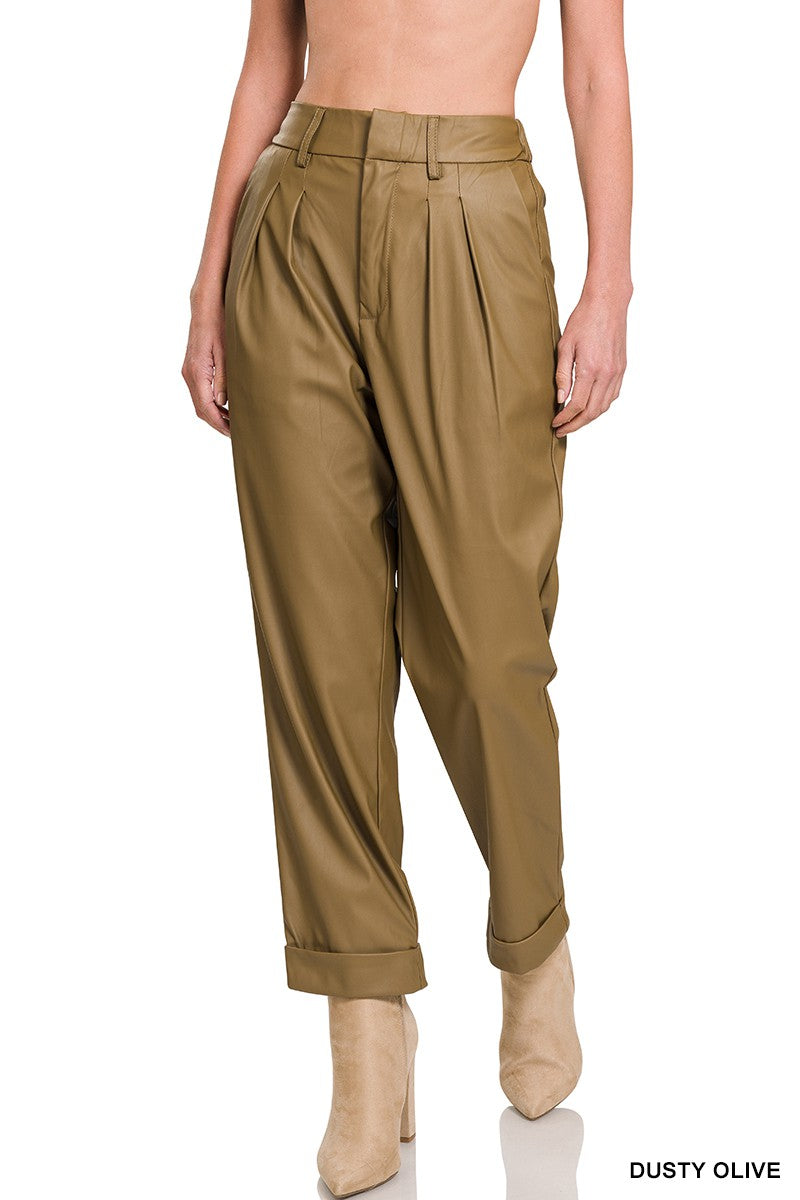 vegan leather pleat front pants