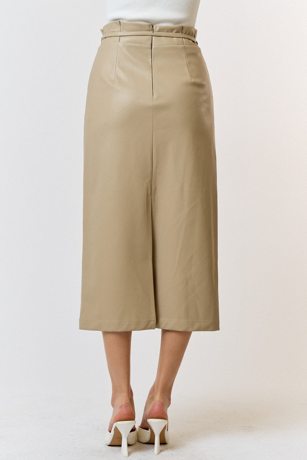 vegan leather tie waist midi skirt