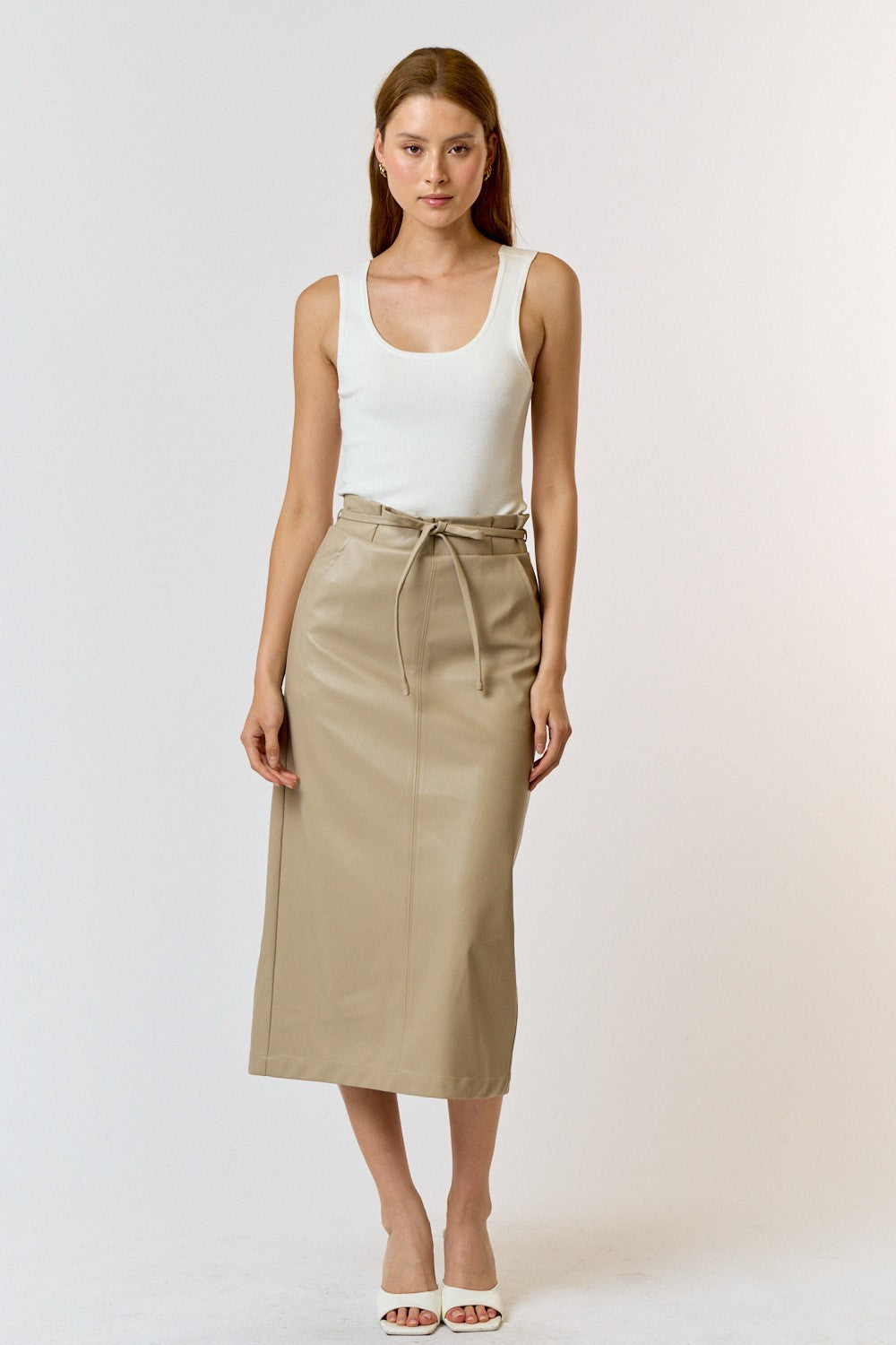 vegan leather tie waist midi skirt