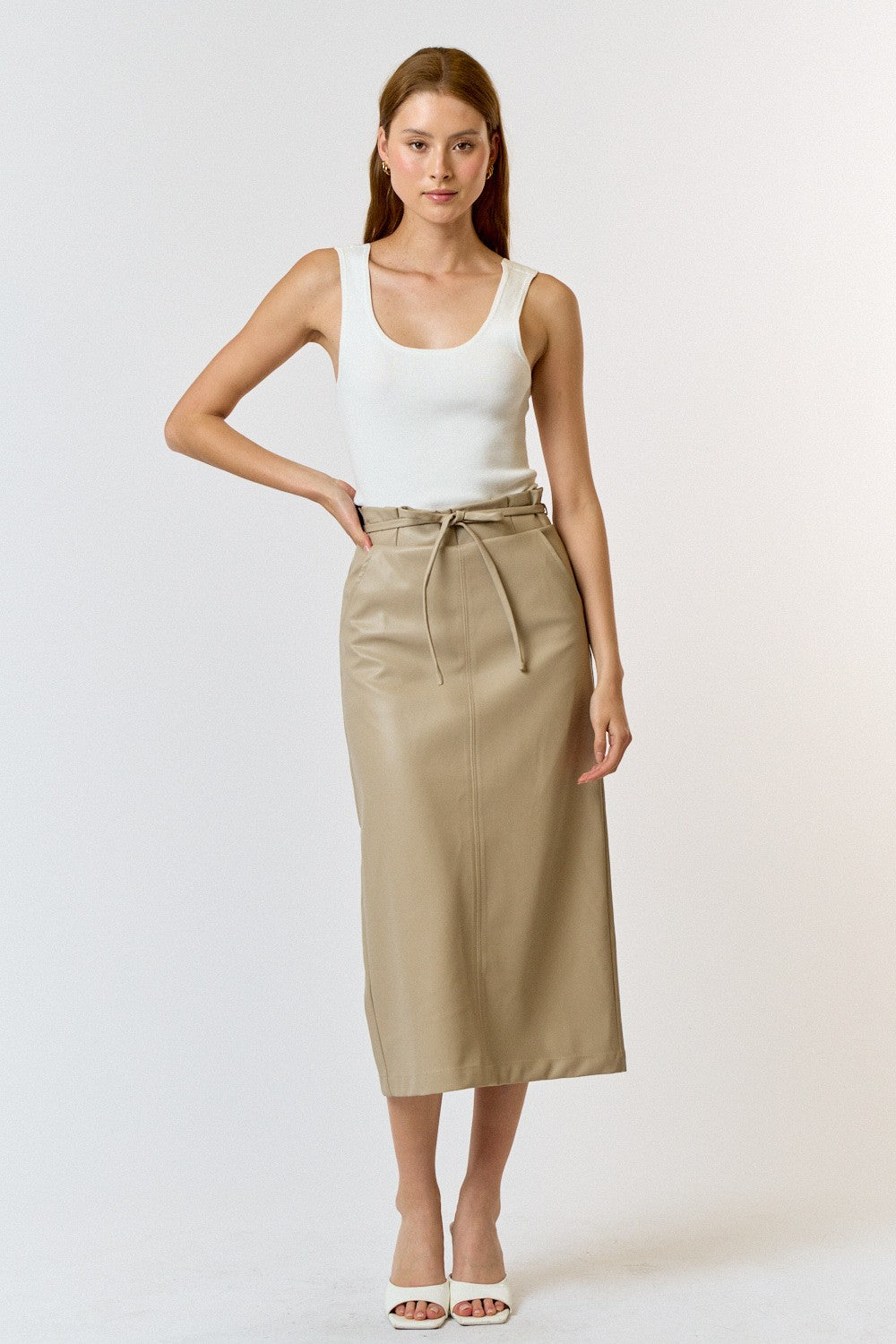 vegan leather tie waist midi skirt