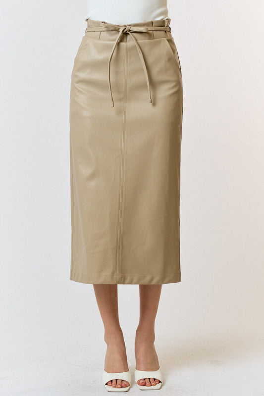 vegan leather tie waist midi skirt