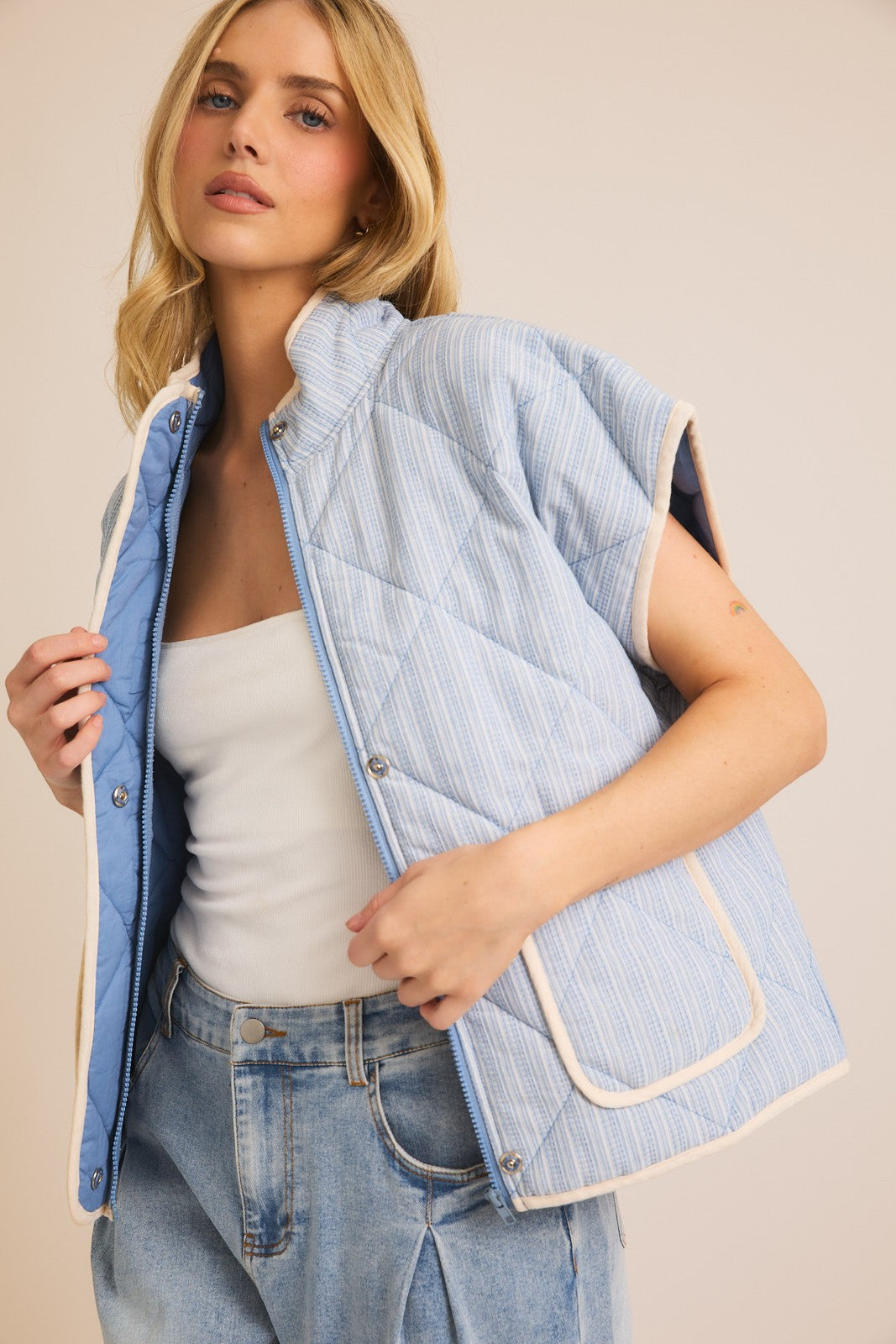 zip up quilted gauze vest