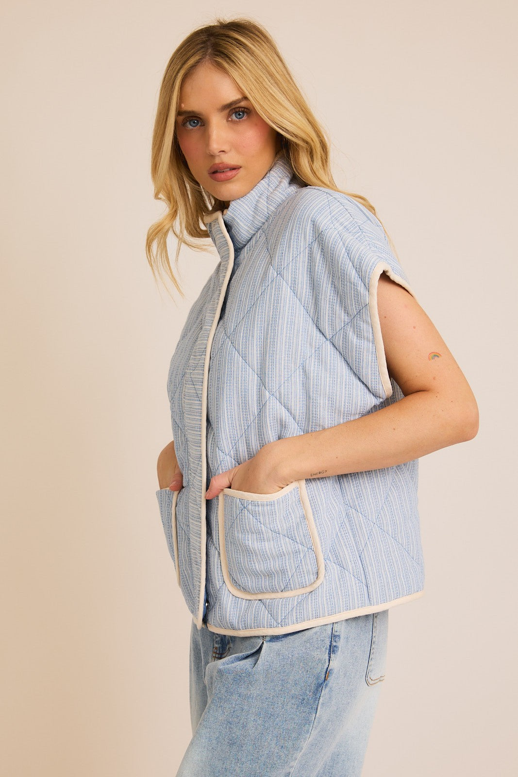 zip up quilted gauze vest