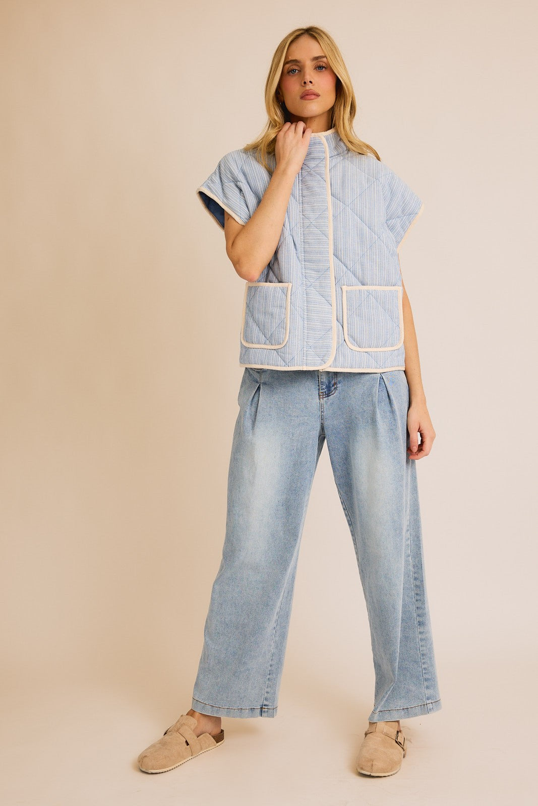 zip up quilted gauze vest